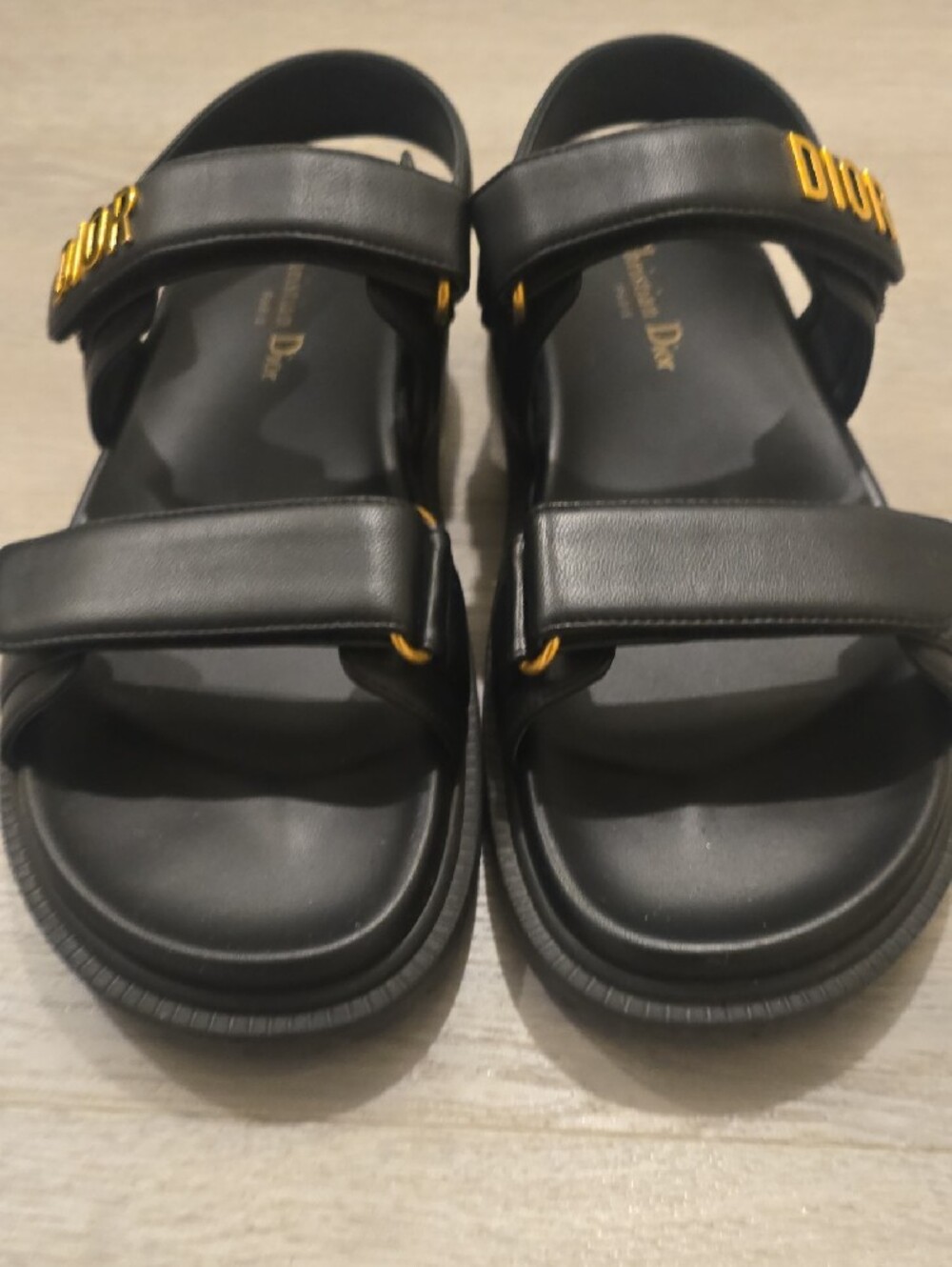 Dior (DIORACT AS NAMED ONLINE) Black Lambskin Sandals with Gold Logo Hardware - Picture 4 of 7